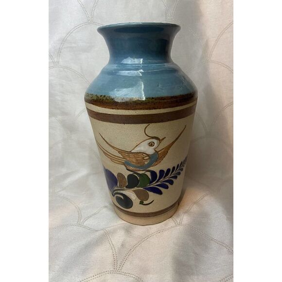 Vintage Tonala Mexican Folk Art Sandstone vase Bird signed Mexico‎ - Picture 1 of 10